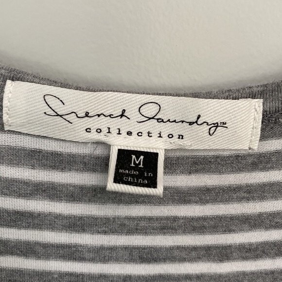 French Laundry V-Neck Stripe 3/4 Short Elbow Sleeve Tunic Tee Top High Low Slits - Picture 9 of 16